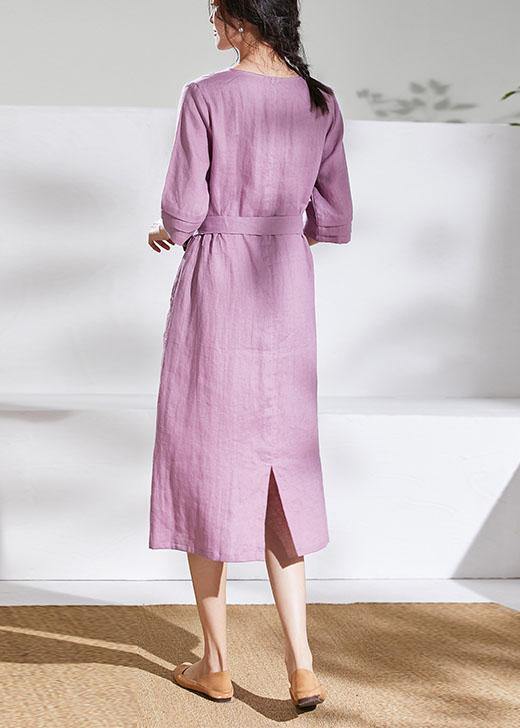 DIY pink purple linen dresses v neck tie waist shift summer Dresses