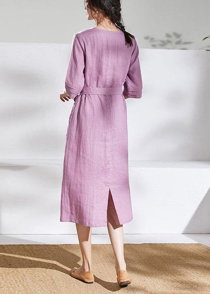 DIY pink purple linen dresses v neck tie waist shift summer Dresses