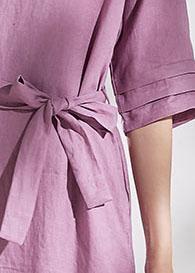 DIY pink purple linen dresses v neck tie waist shift summer Dresses