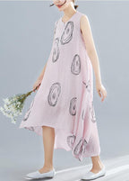 DIY sleeveless low high design linen Tunics Work Outfits pink print Dresses summer
