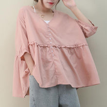 Load image into Gallery viewer, DIY v neck Cinched cotton summer women Tops pink tops