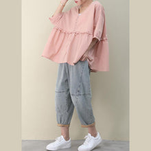 Load image into Gallery viewer, DIY v neck Cinched cotton summer women Tops pink tops