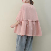Load image into Gallery viewer, DIY v neck Cinched cotton summer women Tops pink tops