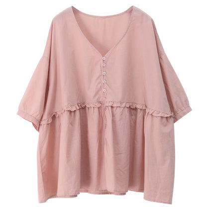 DIY v neck Cinched cotton summer women Tops pink tops
