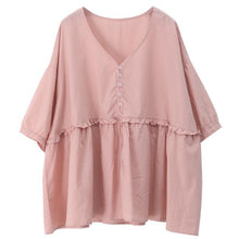 Load image into Gallery viewer, DIY v neck Cinched cotton summer women Tops pink tops