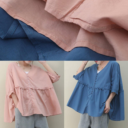 DIY v neck Cinched cotton summer women Tops pink tops