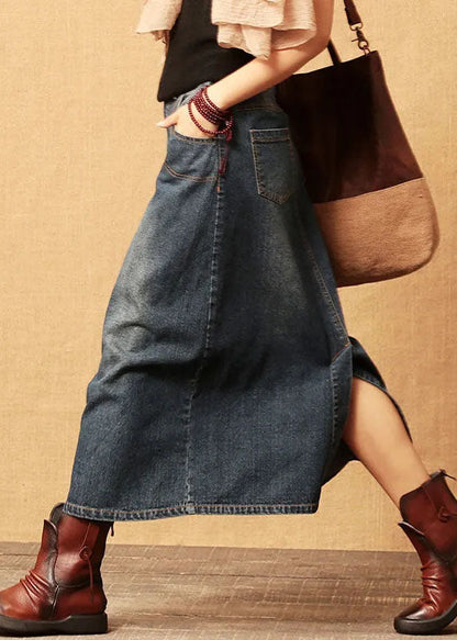 Dark Blue Patchwork Cotton Denim Skirt High Waist Side Open Summer