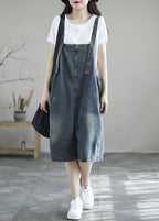 Dark Blue Retro Loose Wide Leg Summer Crop Denim Romper