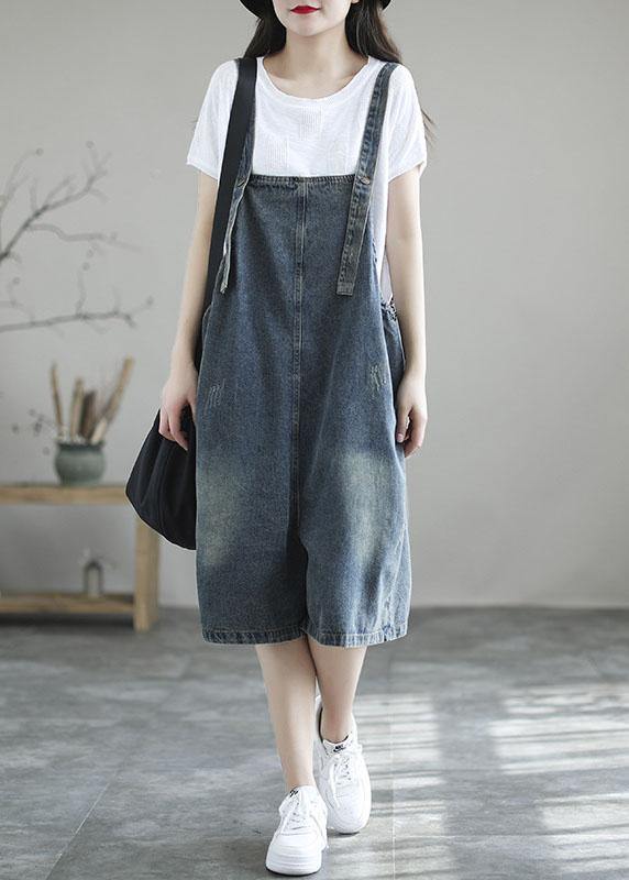 Dark Blue Retro Loose Wide Leg Summer Crop Denim Romper