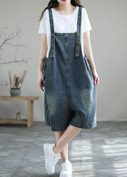 Dark Blue Retro Loose Wide Leg Summer Crop Denim Romper