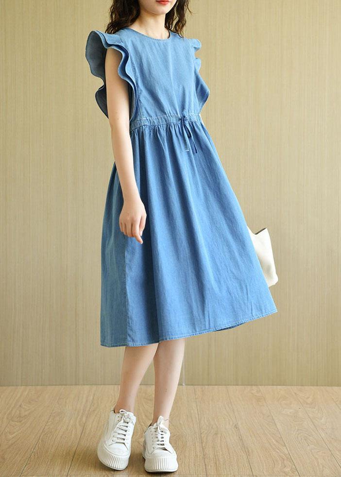 Denim Blue Loose Butterfly Sleeve Summer Cotton Dress