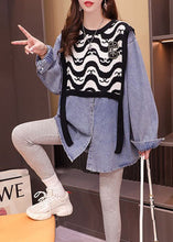 Load image into Gallery viewer, Denim Blue Patchwork Knit Denim Shirts Oversized Print Spring