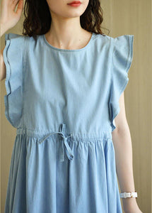 Denim Light Blue O-Necktie Waist Summer Cotton Dresses Sleeveless