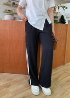 Diy Black Oversized Pockets Striped Spandex Straight Pants Fall