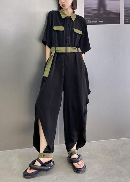 Diy Black Patchwork Button  Outfits Rompers Summer