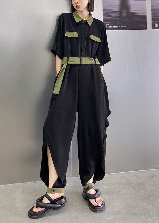 Diy Black Patchwork Button  Outfits Rompers Summer