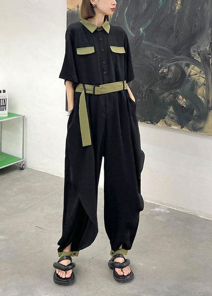 Diy Black Patchwork Button  Outfits Rompers Summer