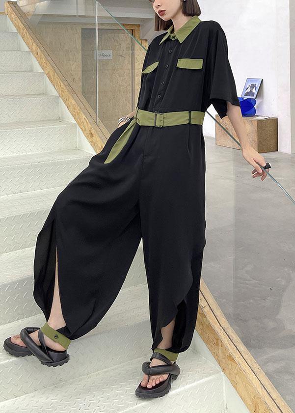 Diy Black Patchwork Button  Outfits Rompers Summer