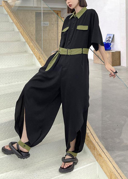 Diy Black Patchwork Button  Outfits Rompers Summer