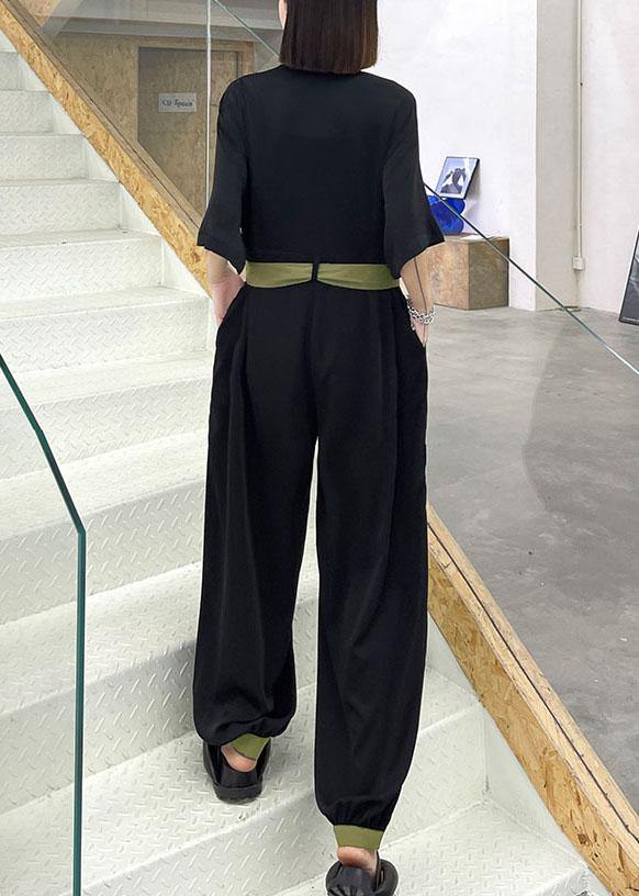 Diy Black Patchwork Button  Outfits Rompers Summer