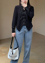 Diy Black Peter Pan Collar Lace Up Patchwork Cotton Shirt Top Fall