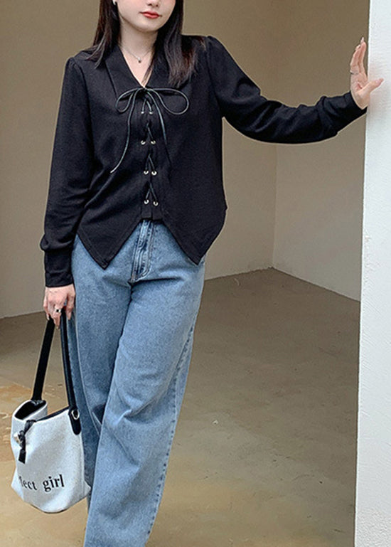 Diy Black Peter Pan Collar Lace Up Patchwork Cotton Shirt Top Fall