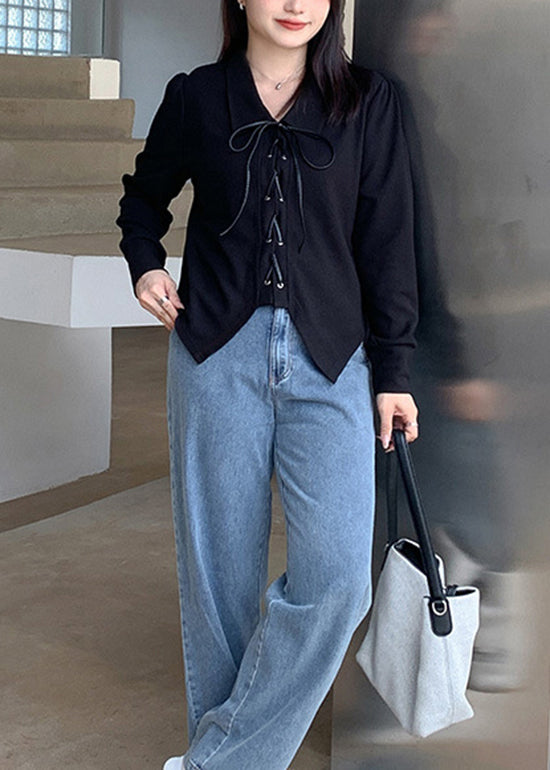 Diy Black Peter Pan Collar Lace Up Patchwork Cotton Shirt Top Fall