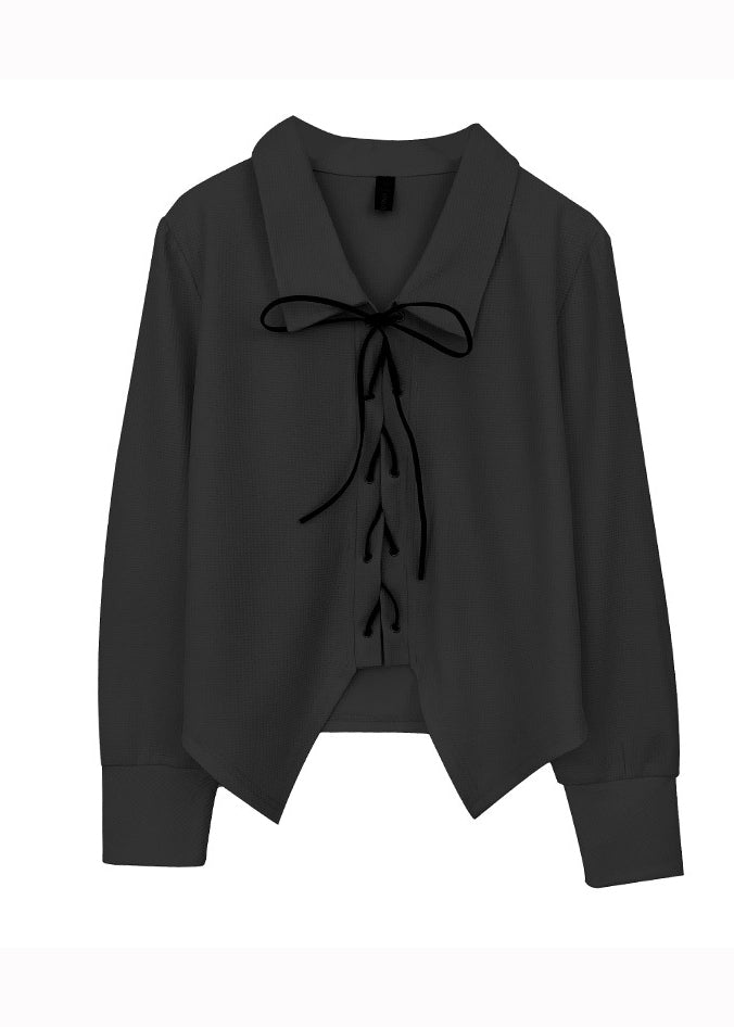 Diy Black Peter Pan Collar Lace Up Patchwork Cotton Shirt Top Fall