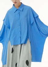 Load image into Gallery viewer, Diy Blue Asymmetrical Patchwork Cotton Shirts Batwing Sleeve