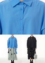 Load image into Gallery viewer, Diy Blue Asymmetrical Patchwork Cotton Shirts Batwing Sleeve