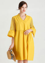 Load image into Gallery viewer, Diy Yellow V Neck Hollow Out Lace Patchwork Cotton Dresses Summer