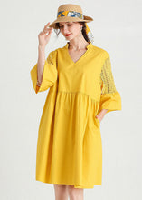 Load image into Gallery viewer, Diy Yellow V Neck Hollow Out Lace Patchwork Cotton Dresses Summer