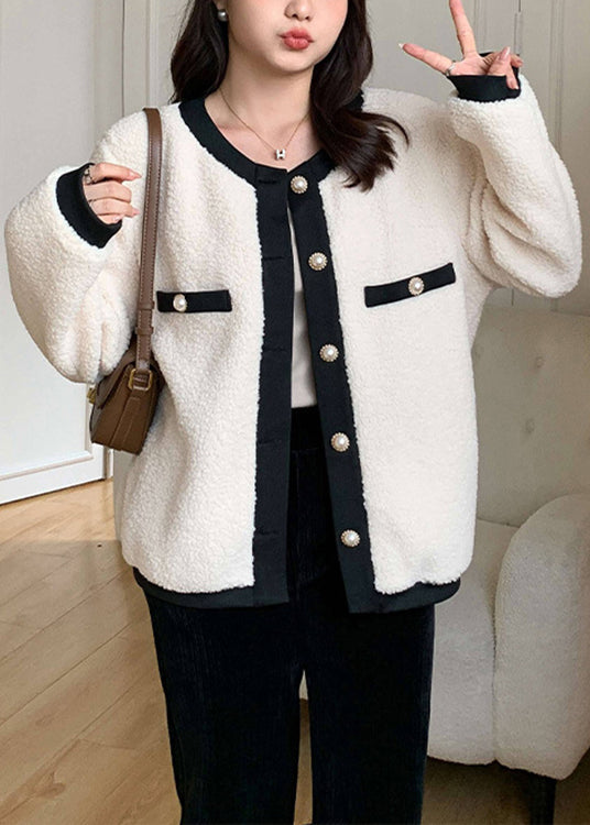 Elegant Apricot O Neck Button Patchwork Teddy Faux Fur Coat Fall