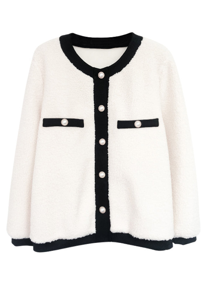 Elegant Apricot O Neck Button Patchwork Teddy Faux Fur Coat Fall