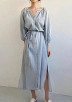 Elegant Beige Oversized Side Open Tie Waist Cotton Dress Bracelet Sleeve