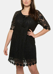 Elegant Black Hollow Out Party Lace Mid Dress Half Sleeve