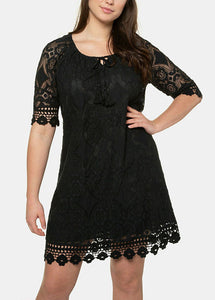 Elegant Black Hollow Out Party Lace Mid Dress Half Sleeve