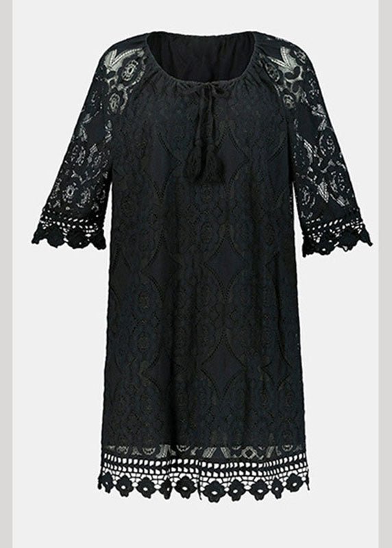 Elegant Black Hollow Out Party Lace Mid Dress Half Sleeve