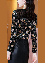 Elegant Black Hollow Out Patchwork Lace Print Silk Velour Shirt Tops Spring