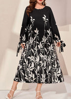 Elegant Black O Neck Print Bow Patchwork Chiffon Dress Long Sleeve