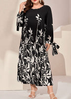Elegant Black O Neck Print Bow Patchwork Chiffon Dress Long Sleeve