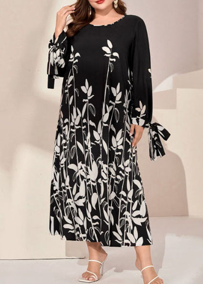 Elegant Black O Neck Print Bow Patchwork Chiffon Dress Long Sleeve