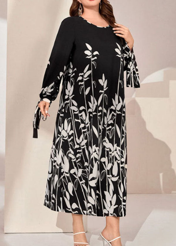Elegant Black O Neck Print Bow Patchwork Chiffon Dress Long Sleeve