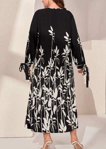 Elegant Black O Neck Print Bow Patchwork Chiffon Dress Long Sleeve