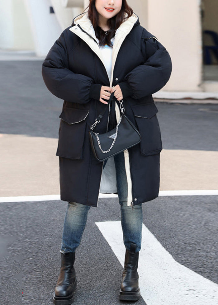 Elegant Black Oversized Hooded Fine Cotton Filled Women Witner Coats