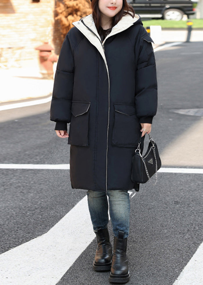 Elegant Black Oversized Hooded Fine Cotton Filled Women Witner Coats