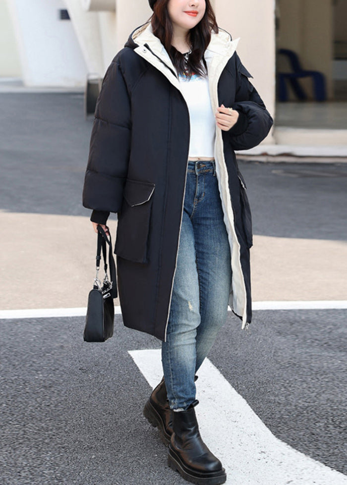 Elegant Black Oversized Hooded Fine Cotton Filled Women Witner Coats