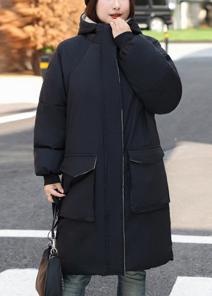 Elegant Black Oversized Hooded Fine Cotton Filled Women Witner Coats