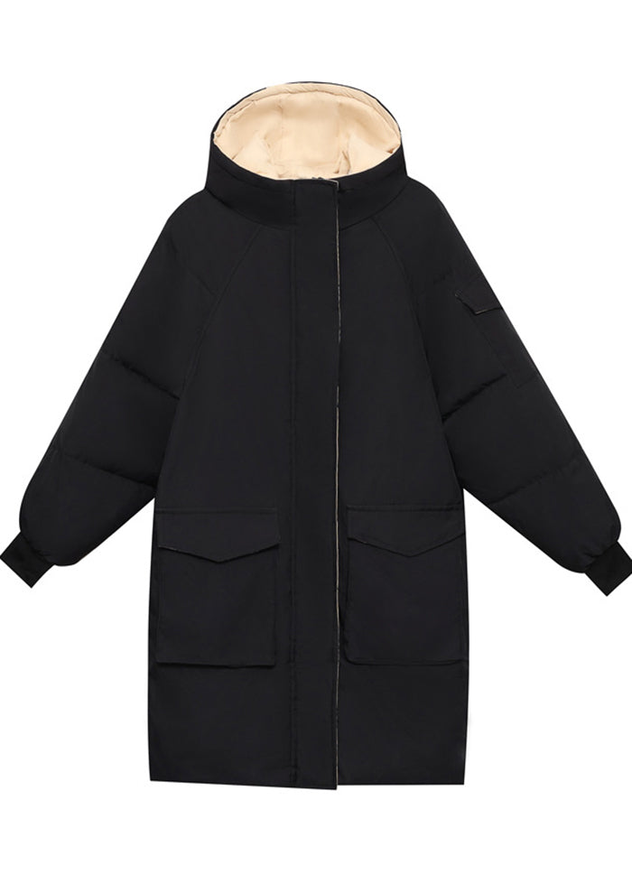 Elegant Black Oversized Hooded Fine Cotton Filled Women Witner Coats