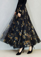Elegant Black Print High Waist Maxi Skirts Spring